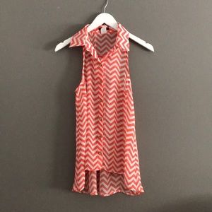 Chevron stripe sleeveless button front top